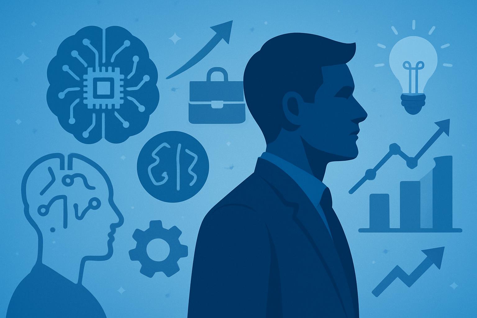 Illustration zu zukunftsfähigen KI-Skills: Eine Person blickt vorwärts, umgeben von Symbolen für Wachstum und neue Möglichkeiten mit KI