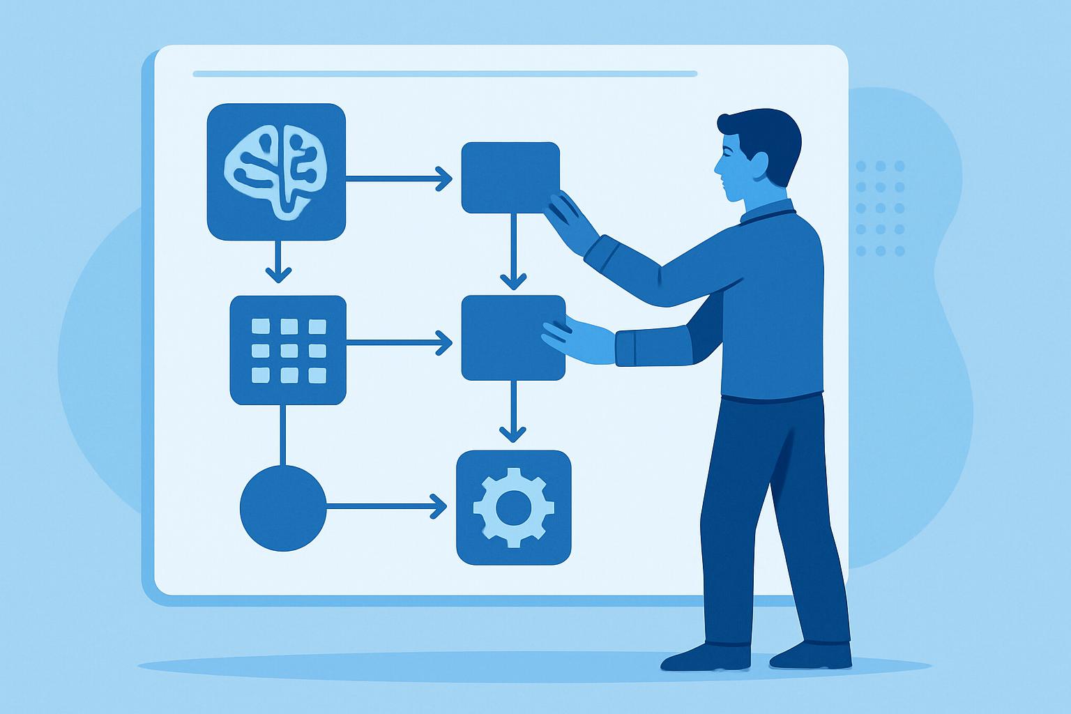Illustration eines Automatisierungs-Workflows: Eine Person arrangiert einfach verbundene Elemente in einem Workflow-Diagramm