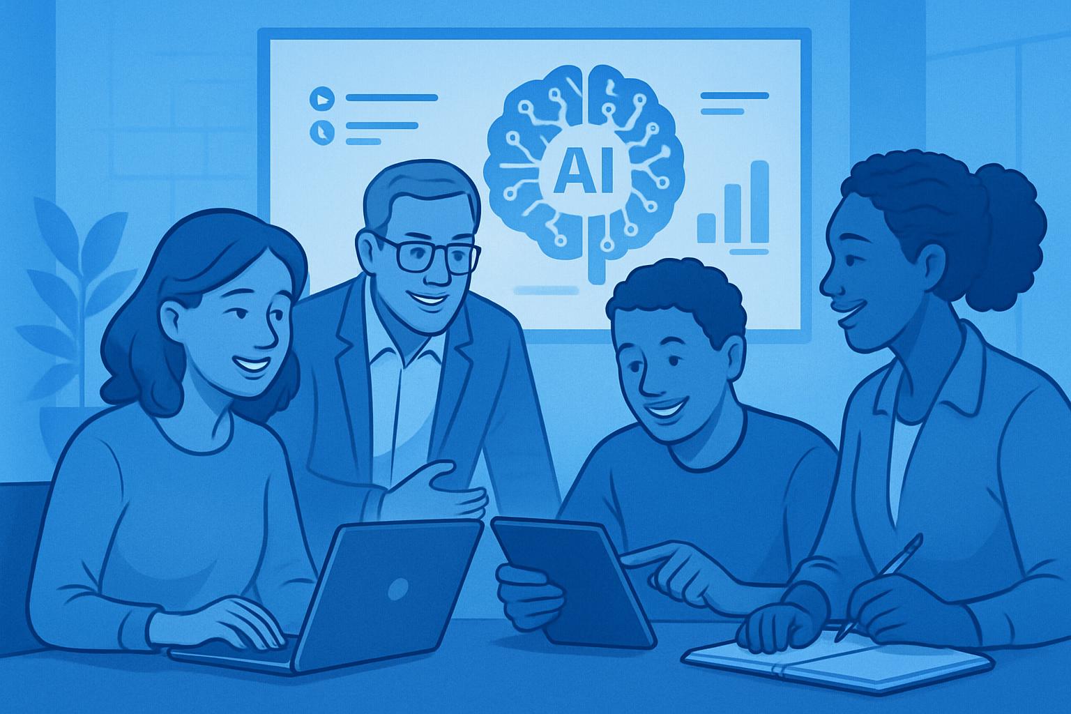 Illustration zum kollaborativen Lernen: Eine diverse Gruppe von Menschen arbeitet gemeinsam mit KI-Tools in einer positiven Lernatmosphäre