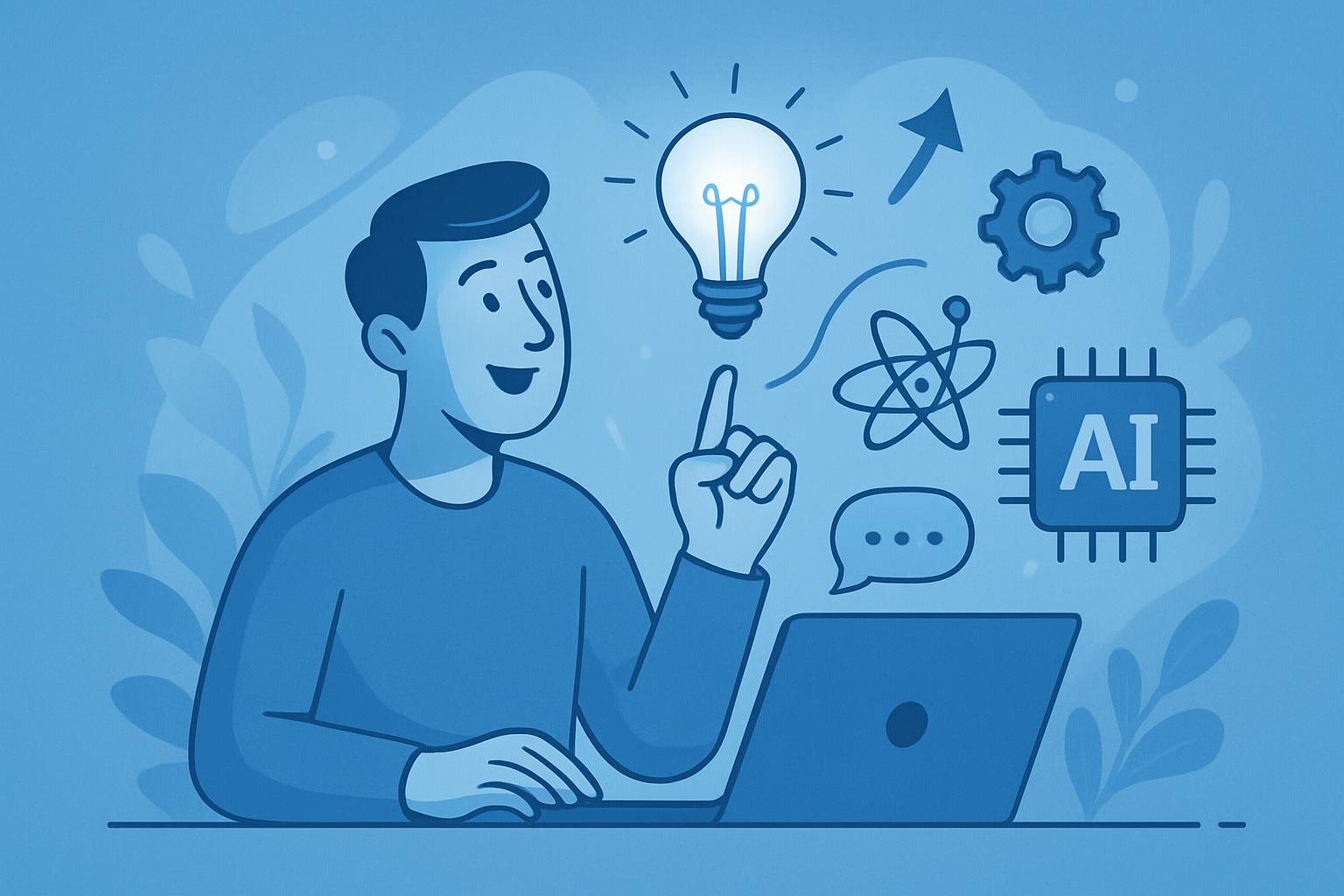 Illustration zu Innovation mit KI: Eine Person hat einen Geistesblitz während der Arbeit mit KI-Technologie