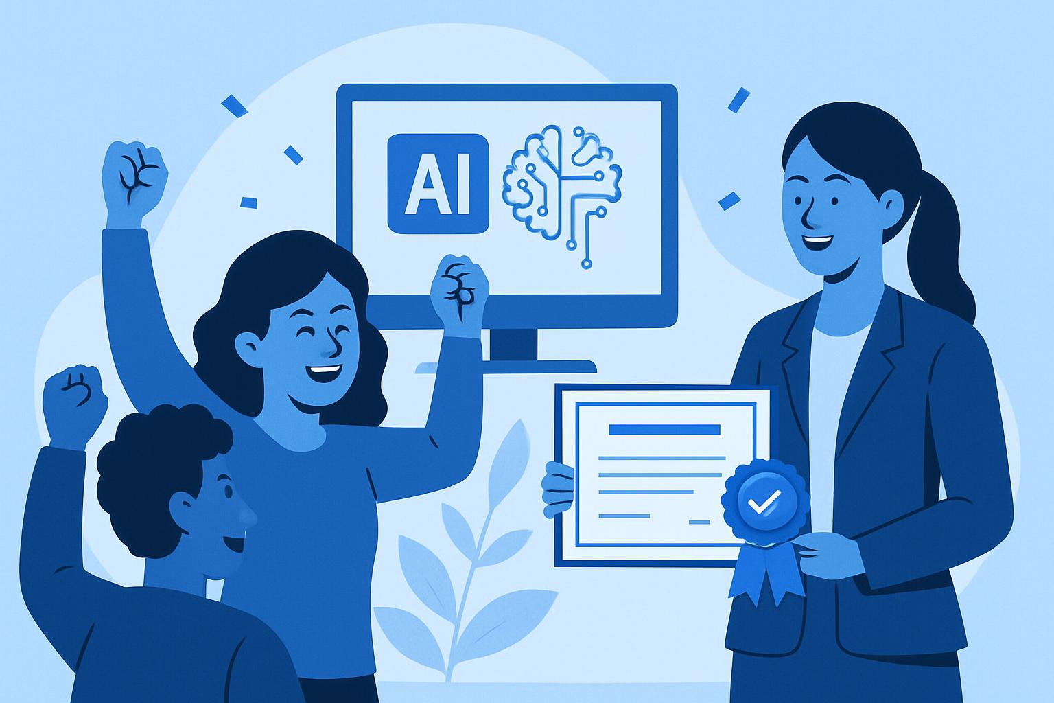 Illustration zum Lernerfolg: Personen feiern einen Lernmeilenstein oder eine Errungenschaft mit KI-Technologie, mit visuellen Elementen, die Erfolg vermitteln