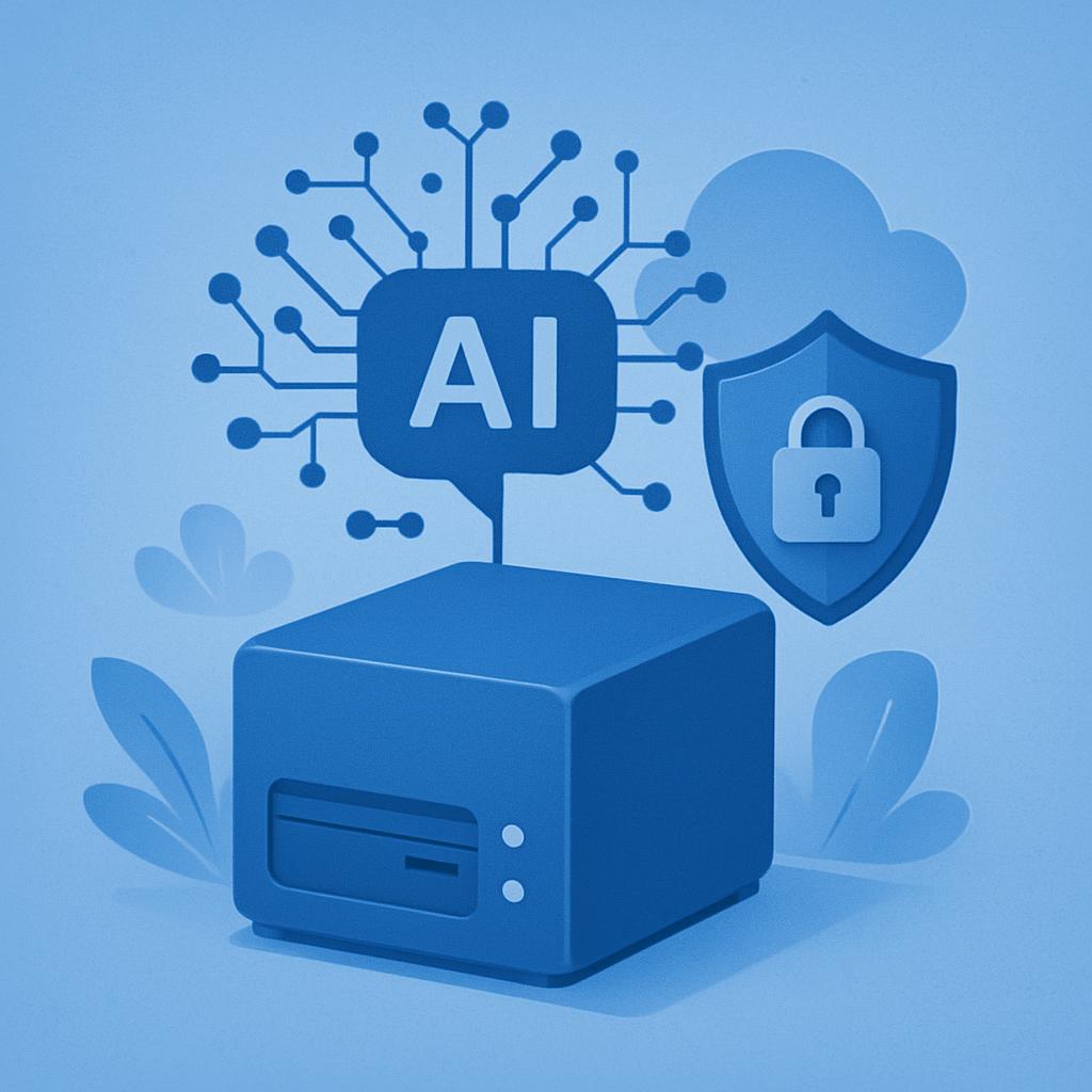 Illustration lokaler KI-Modelle: Ein kleiner Computer oder Server, der KI lokal ausführt, mit Betonung auf Datenschutz und Sicherheit