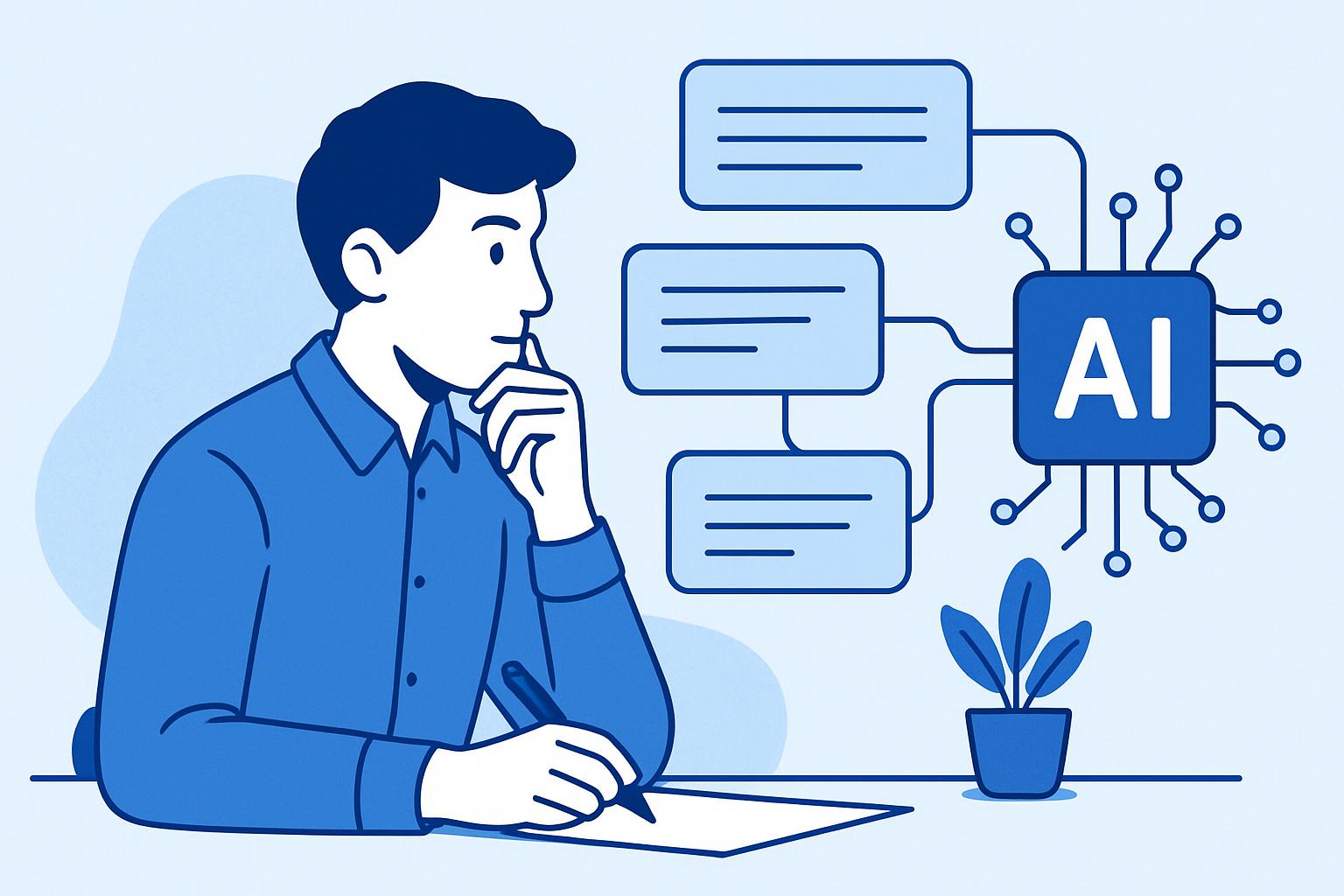 Illustration eines Prompt Engineering Konzepts: Eine Person formuliert durchdachte Prompts, die mit einem KI-System verbunden sind